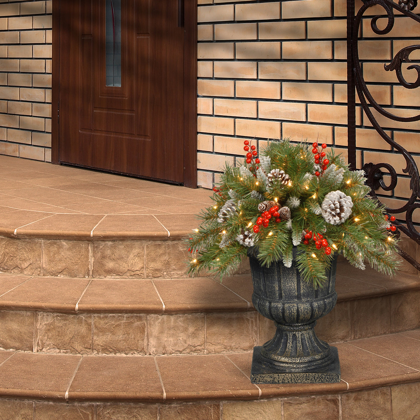 18 in. Pre-Lit Frosted Berry Urn Filler with LED Lights