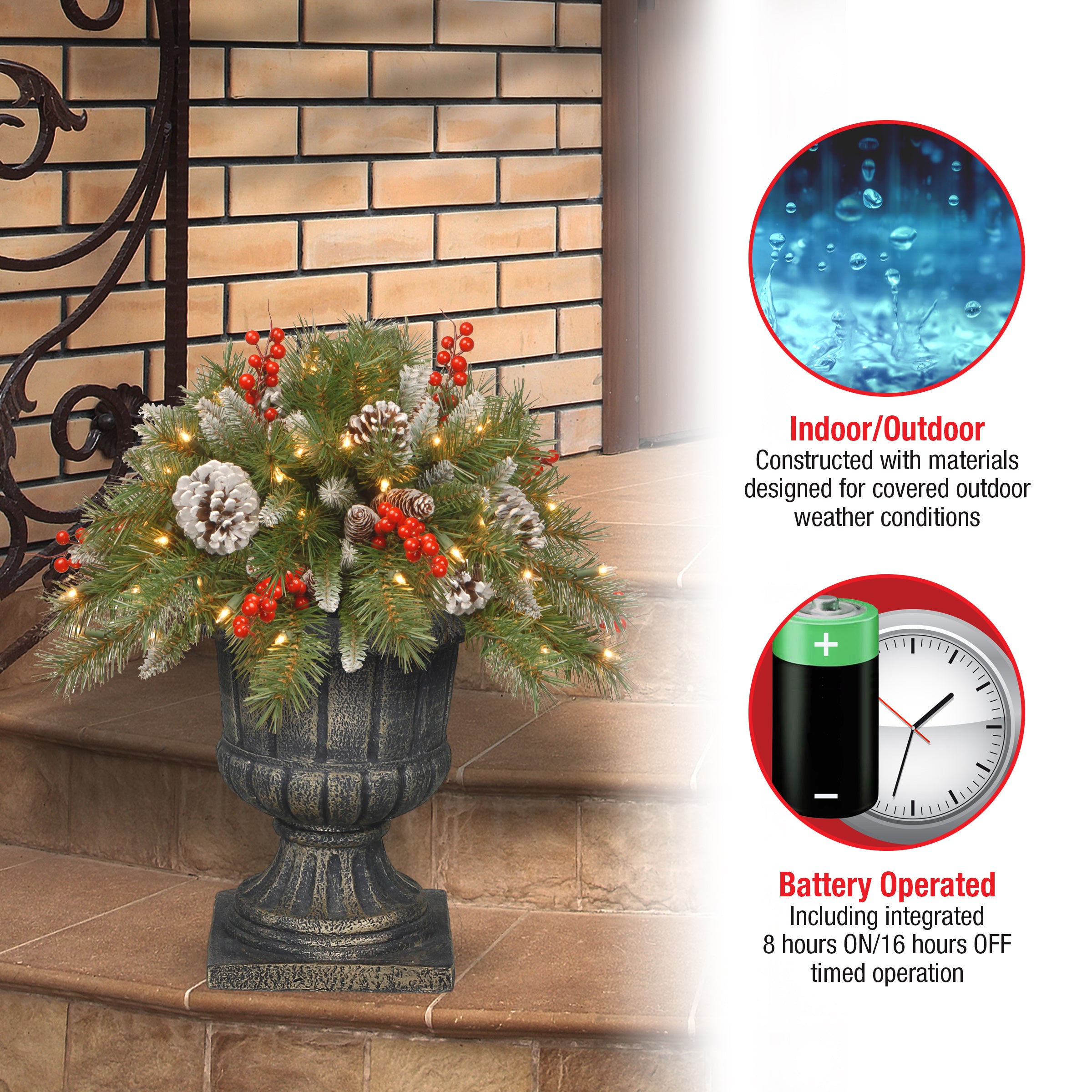 18 in. Pre-Lit Frosted Berry Urn Filler with LED Lights