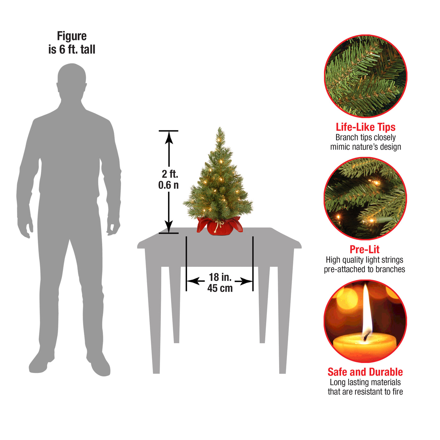 2 ft. Pre-Lit Majestic Fir Tree with LED Lights, Red Base