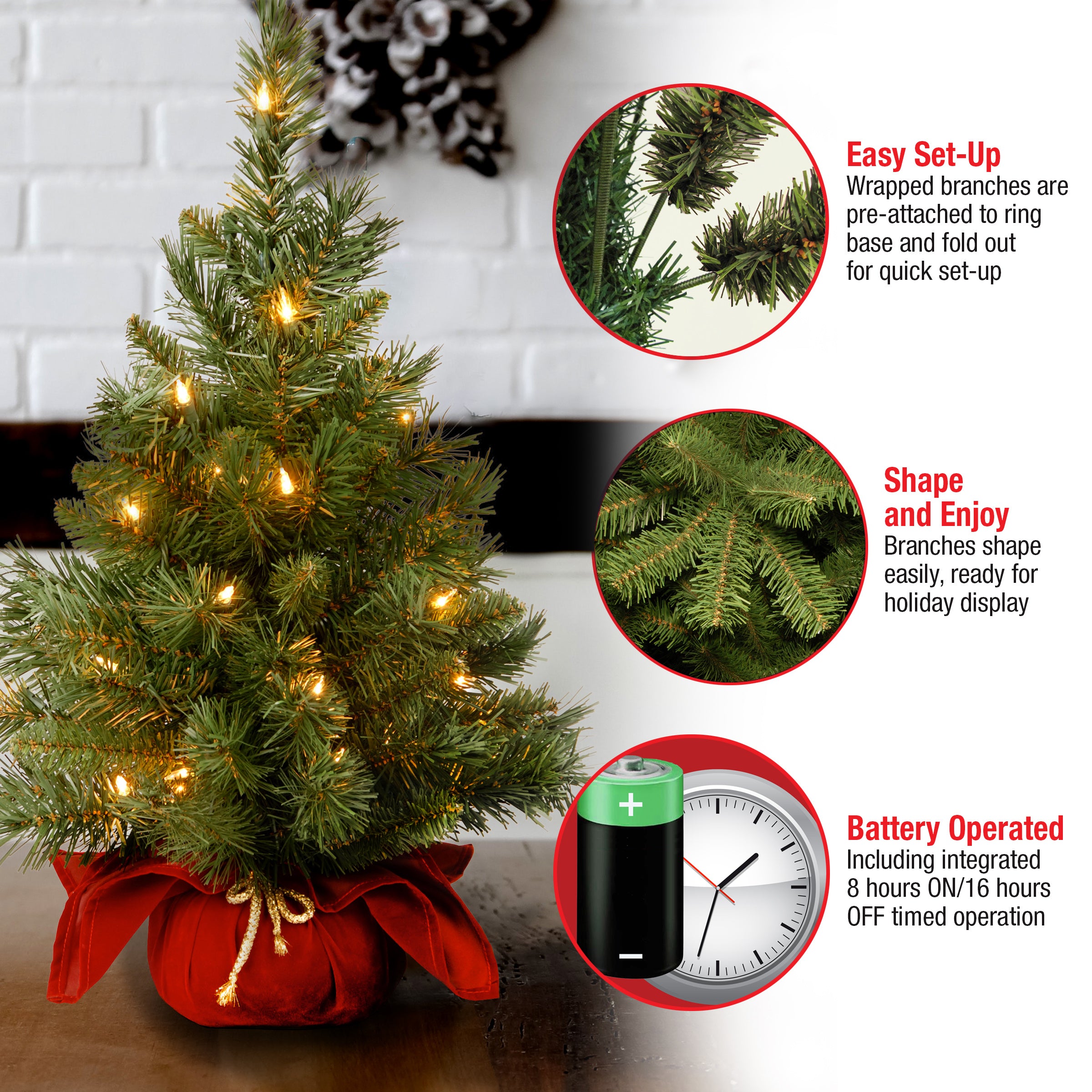 2 ft. Pre-Lit Majestic Fir Tree with LED Lights, Red Base