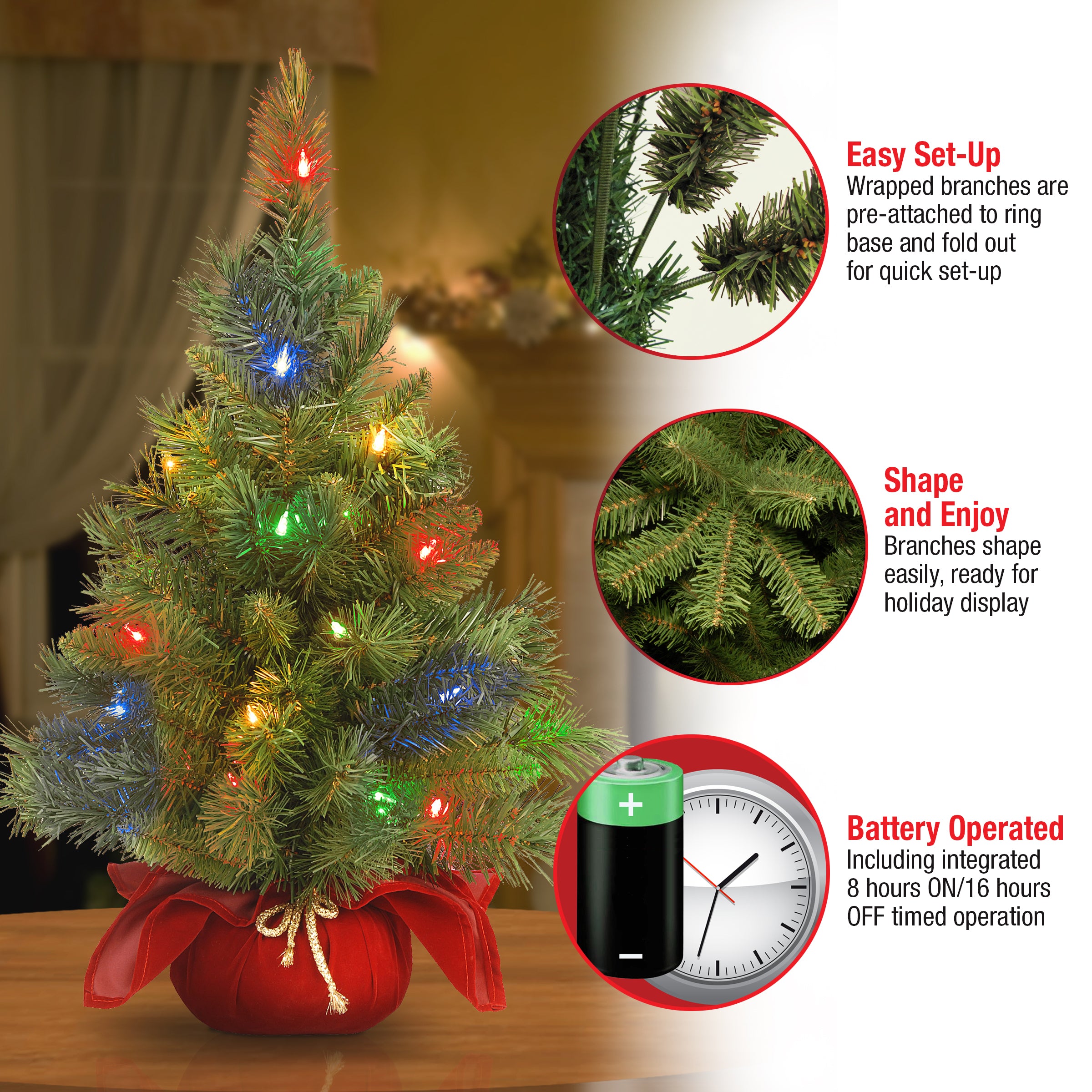 2 ft. Pre-Lit Majestic Fir Tree with Multicolor LED Lights, Red Base