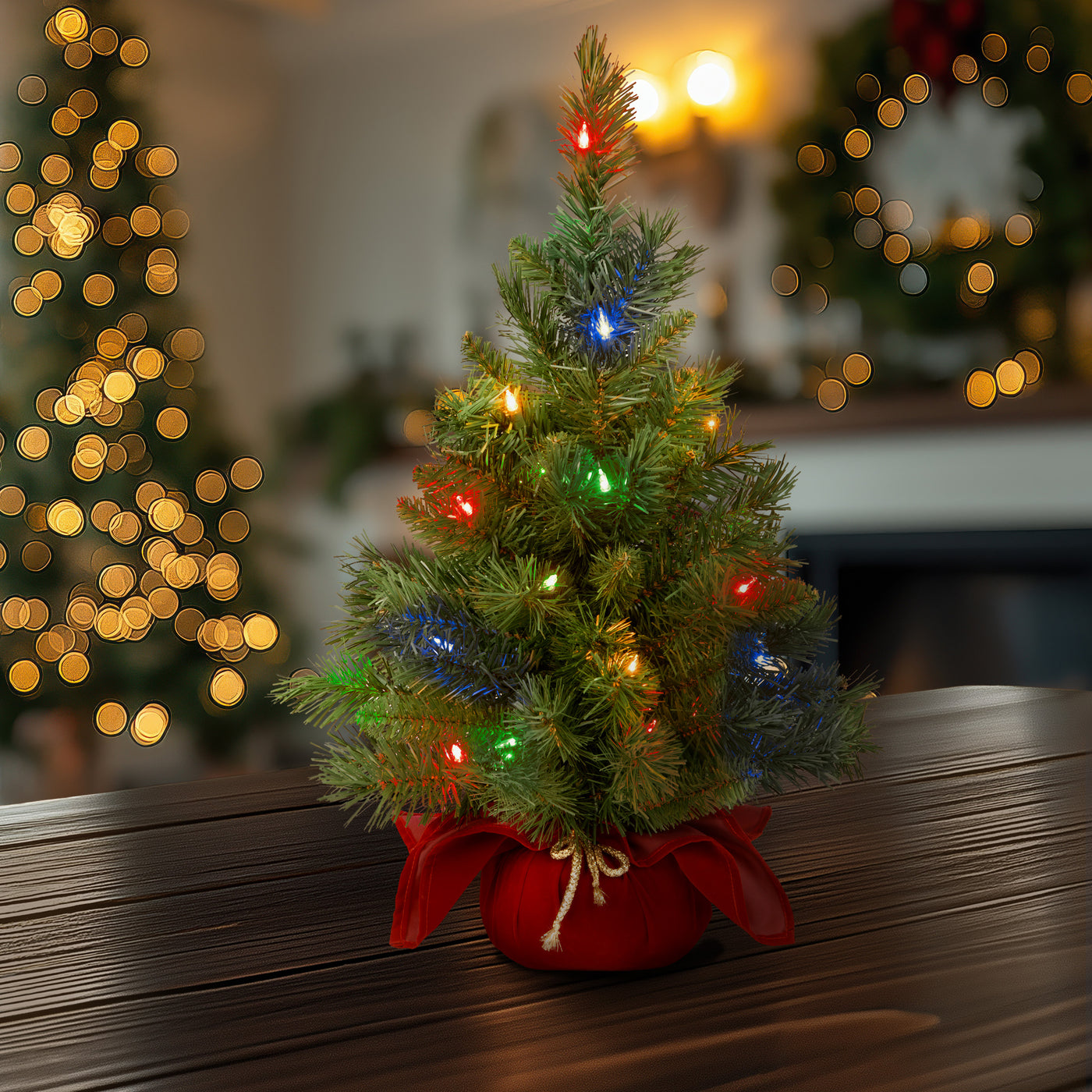 2 ft. Pre-Lit Majestic Fir Tree with Multicolor LED Lights, Red Base