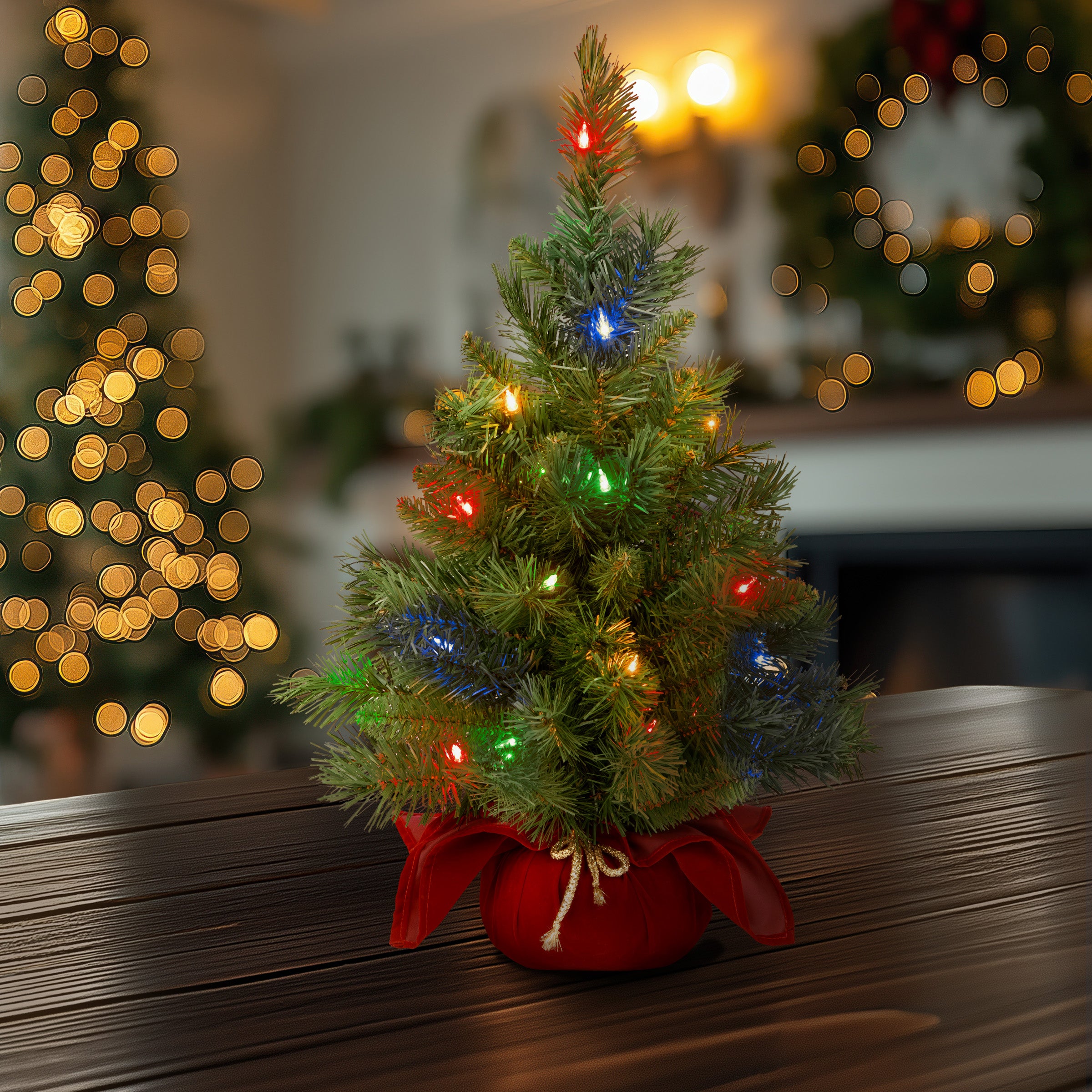 2 ft. Pre-Lit Majestic Fir Tree with Multicolor LED Lights, Red Base