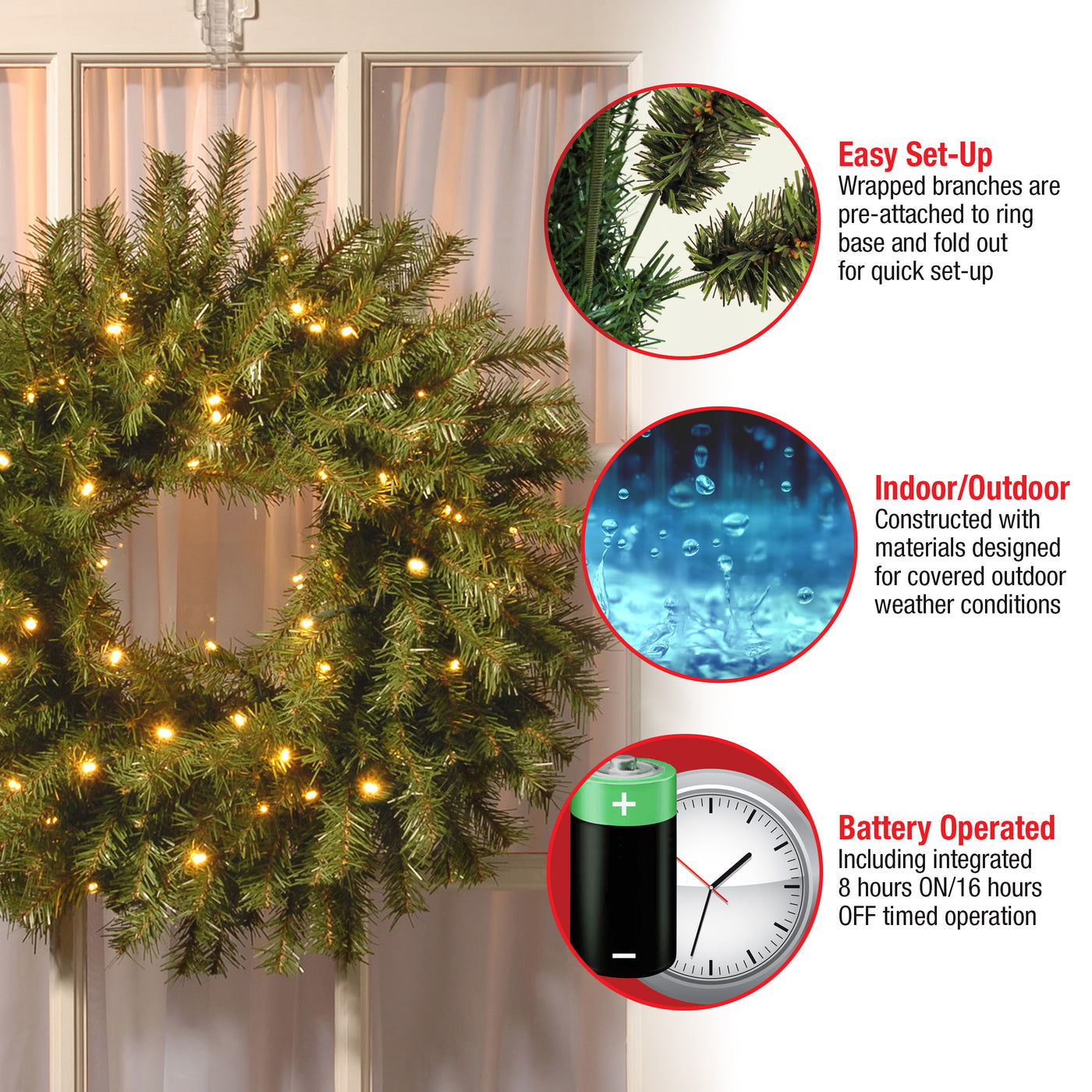 24 in. Pre-Lit Norwood Fir Wreath with Battery Operated Warm White LED Lights
