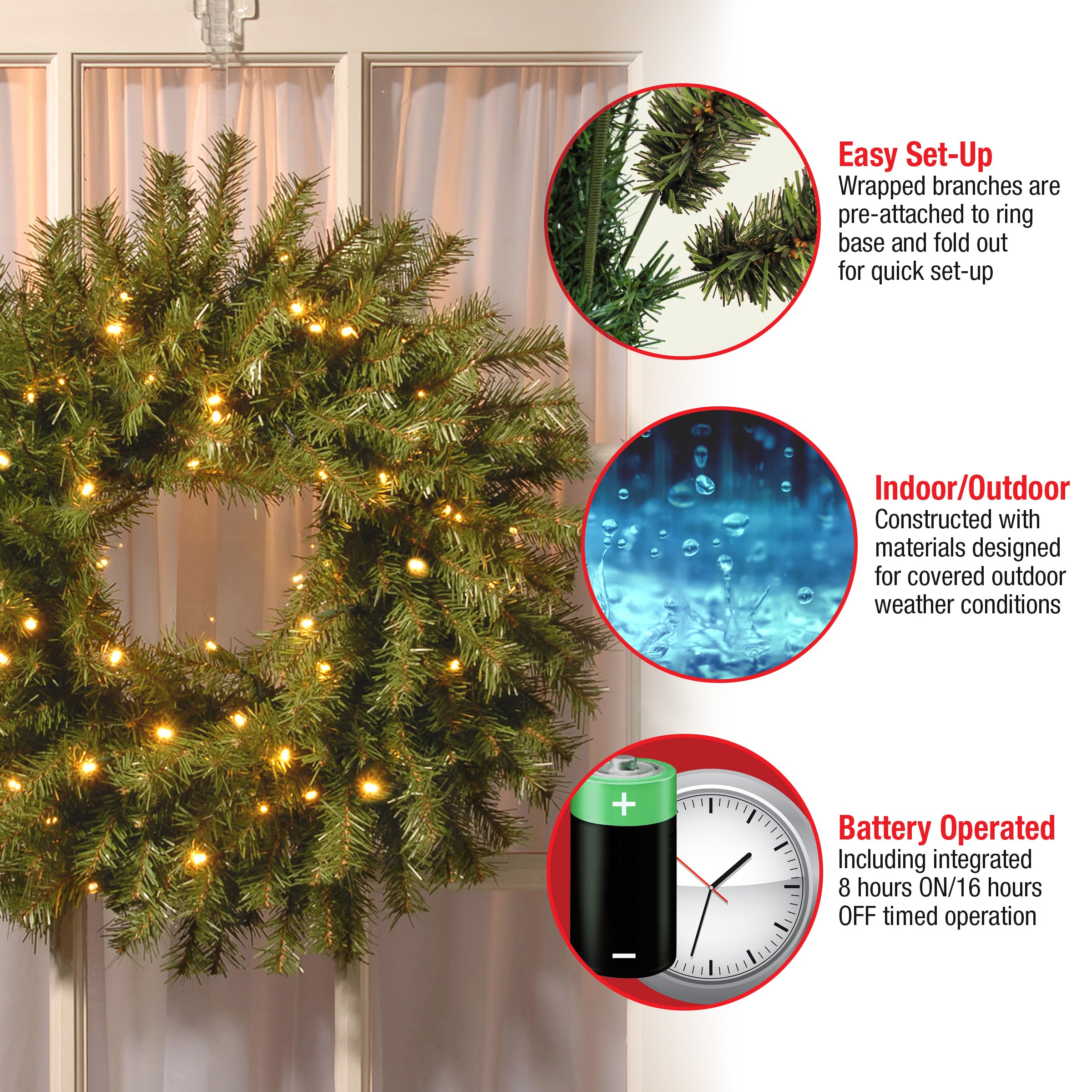 24 in. Pre-Lit Norwood Fir Wreath with Battery Operated Warm White LED Lights