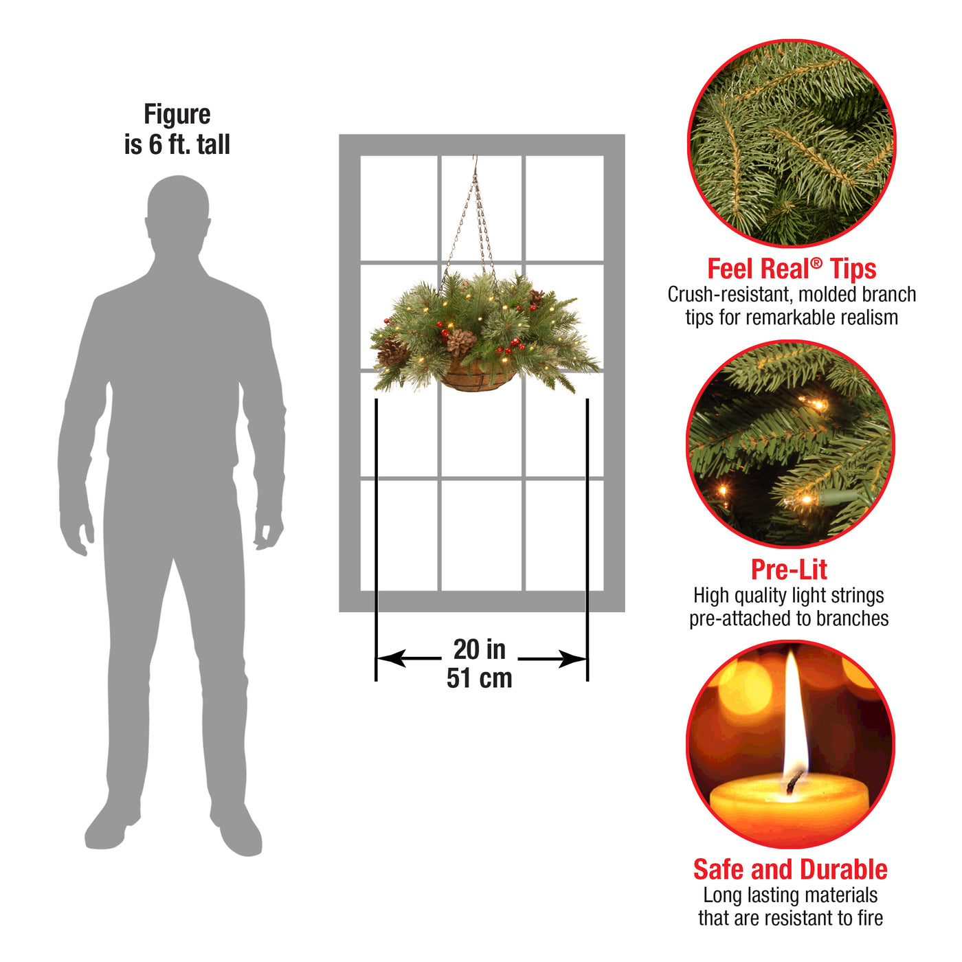 20 in. Pre-Lit Colonial Fir Hanging Basket with LED Lights