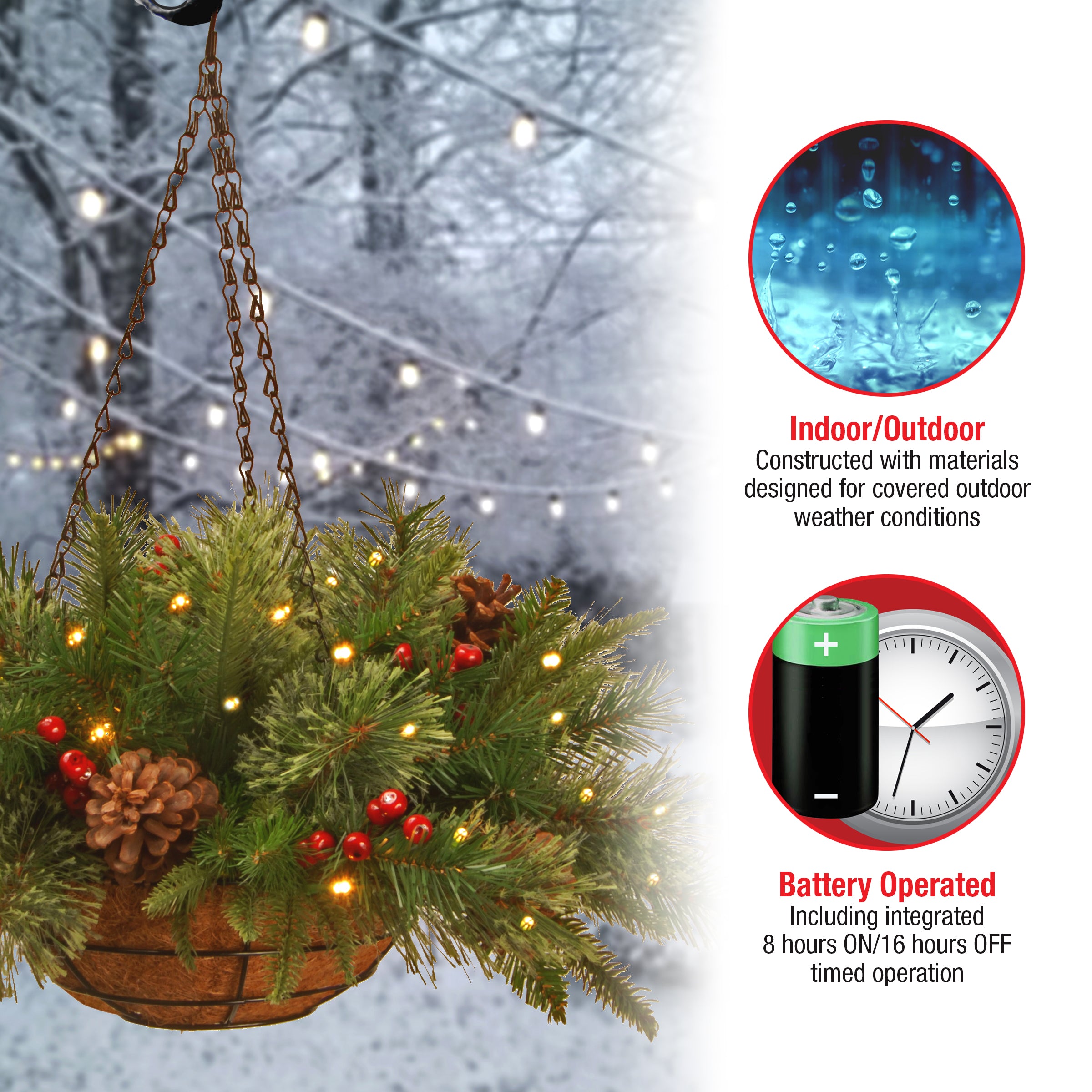 20 in. Pre-Lit Colonial Fir Hanging Basket with LED Lights