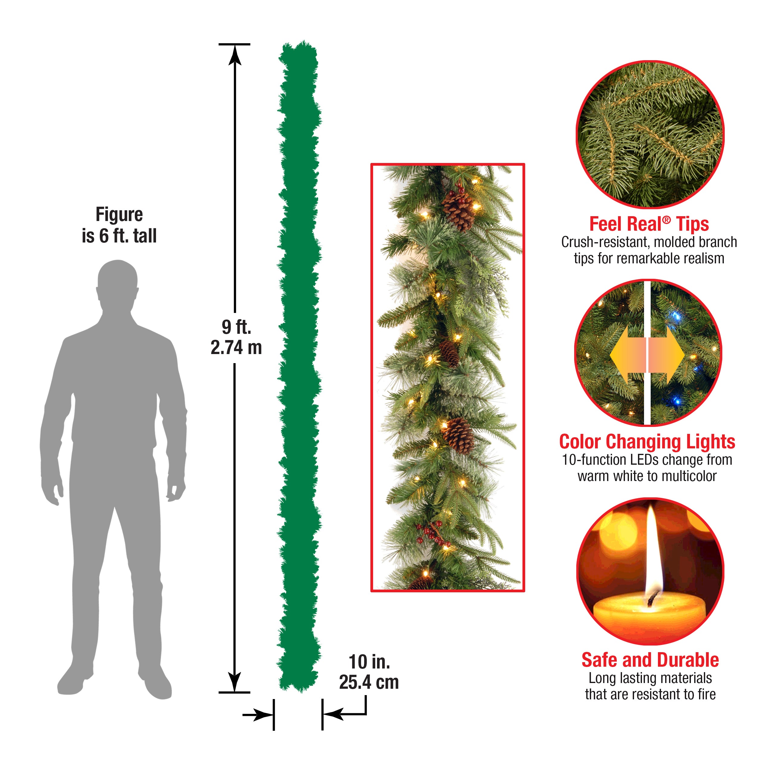 9 ft. Pre-Lit Colonial Fir Garland with Dual Color LED Lights