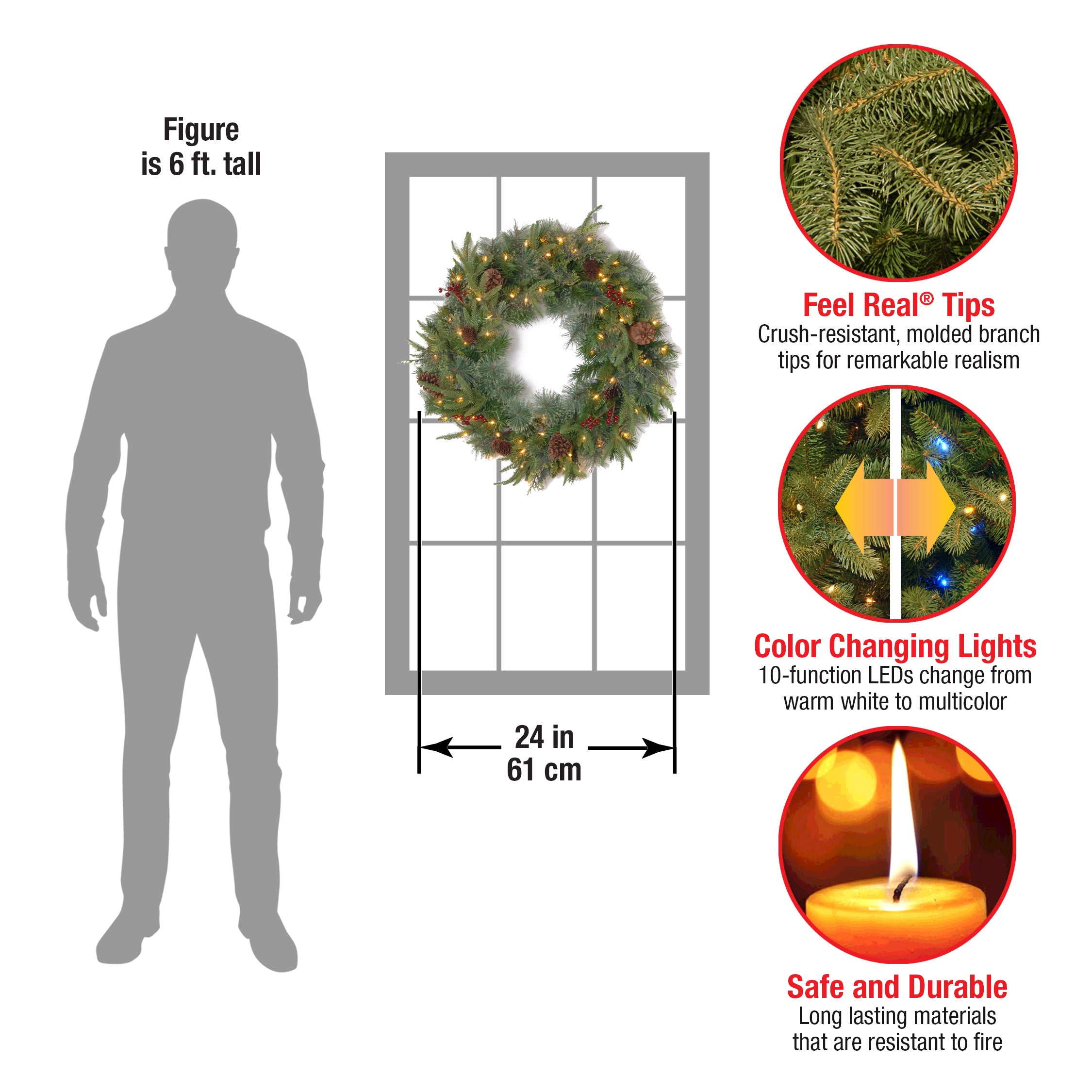 24 in. Pre-Lit Colonial Fir Wreath with Dual Color LED Lights