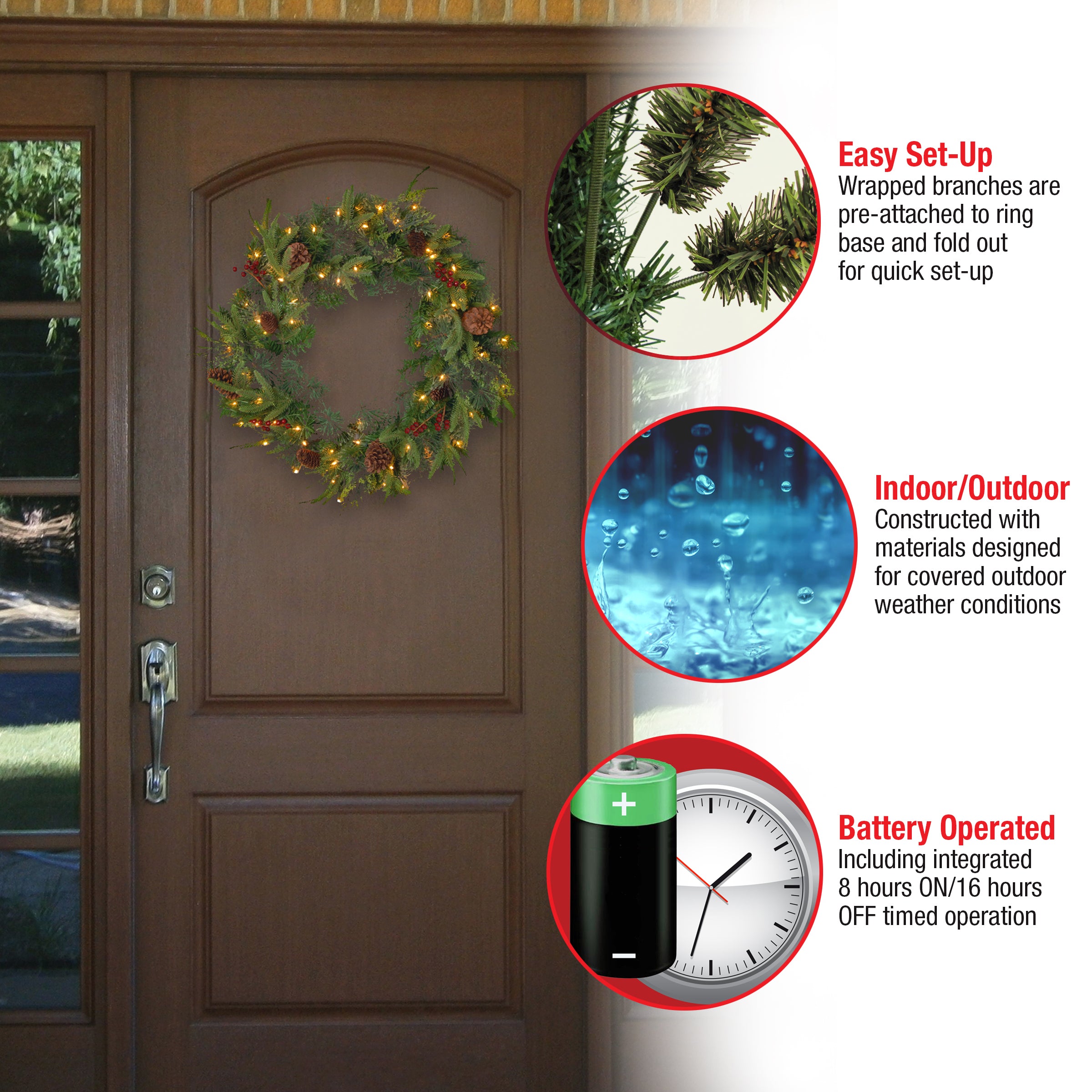 24 in. Pre-Lit Colonial Fir Wreath with Dual Color LED Lights