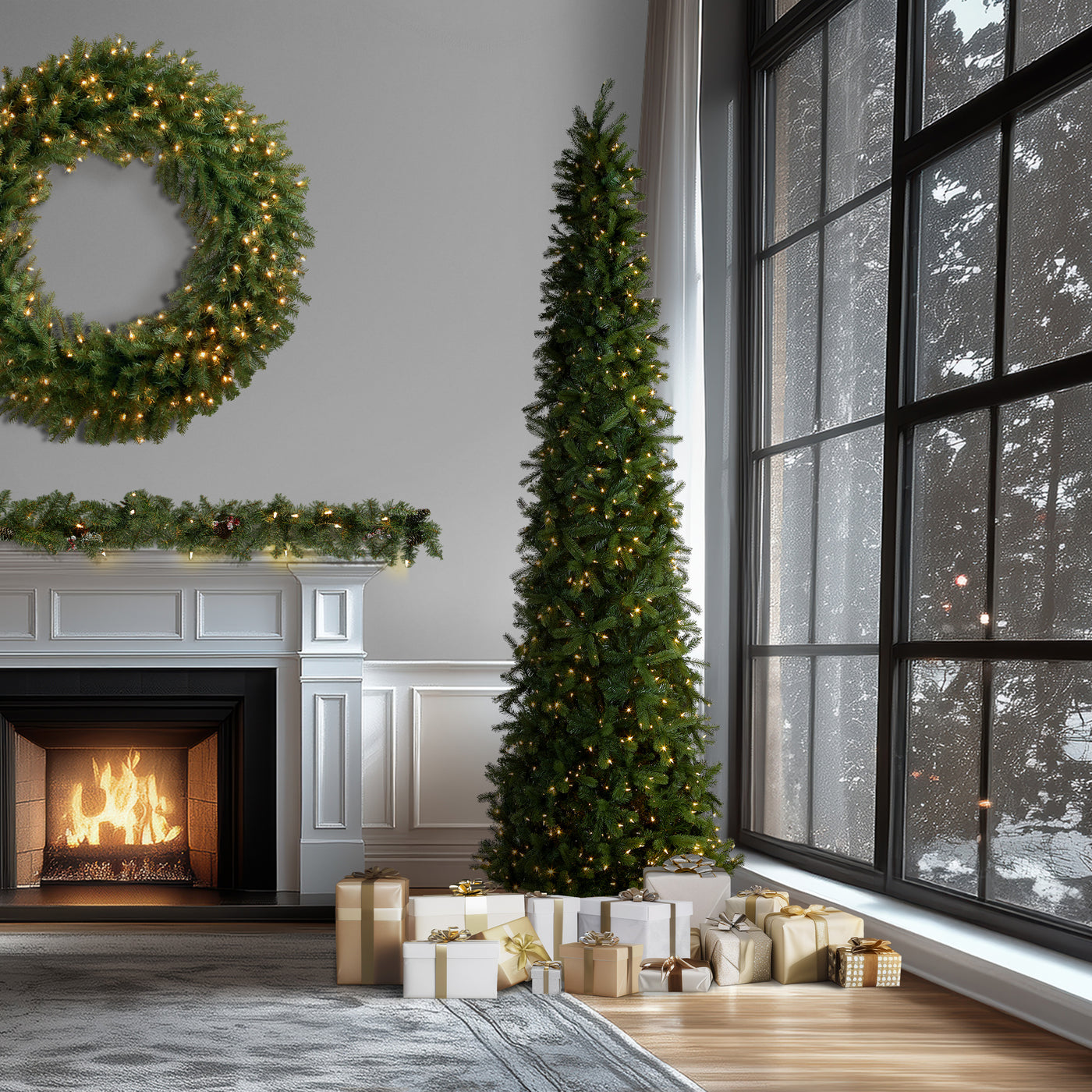 12 ft. Pre-Lit Downswept Douglas Fir Pencil Slim Tree with Dual Color LED Lights