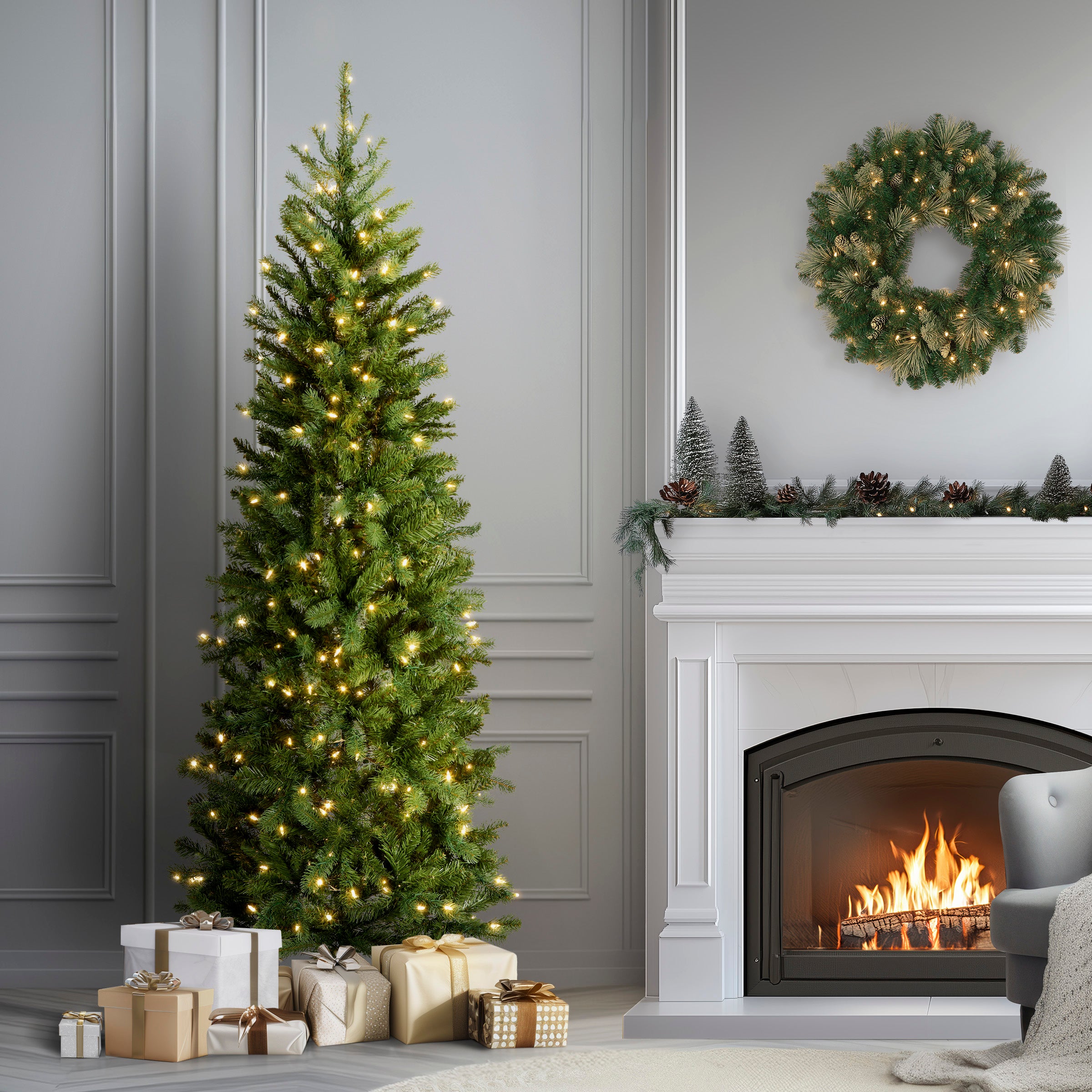6.5 ft. Pre-Lit Downswept Douglas Fir Pencil Slim Tree with Dual Color LED Lights