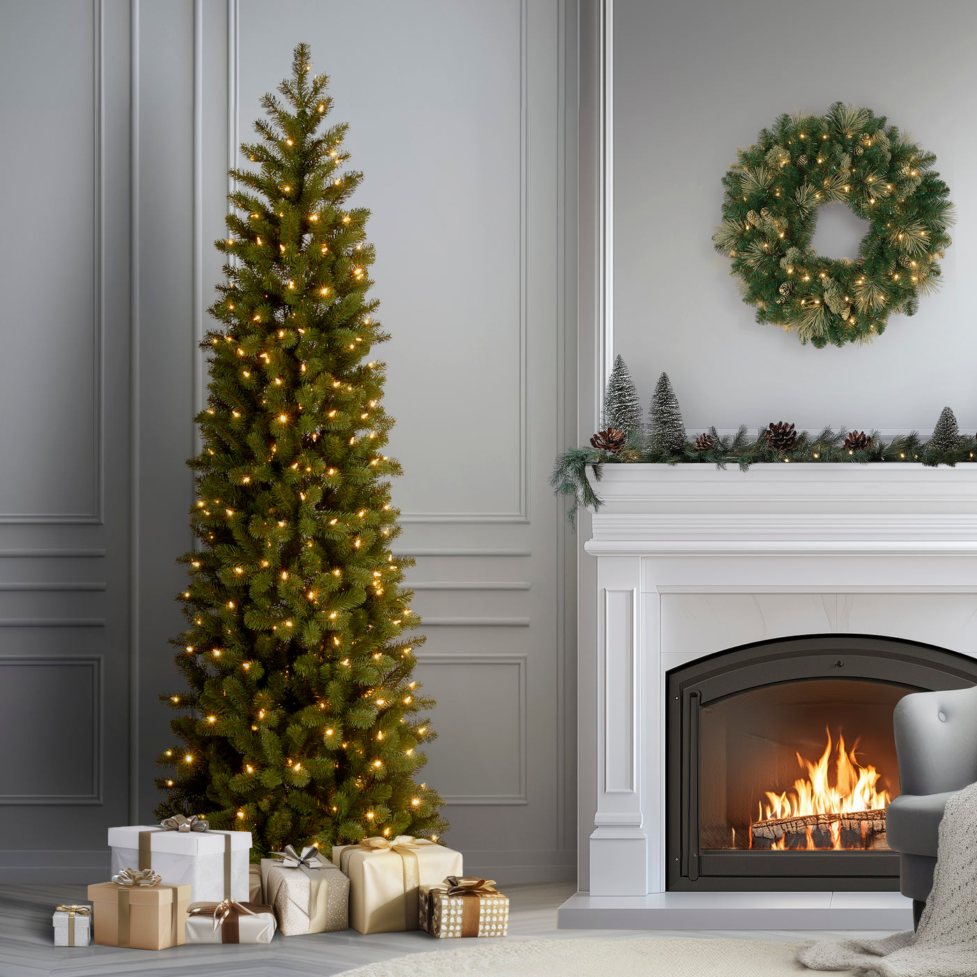 7.5 ft. Pre-Lit Downswept Douglas Fir Pencil Slim Tree with Dual Color LED Lights