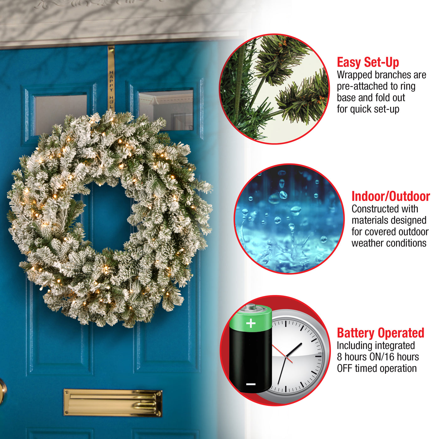 24 in. Pre-Lit Snowy Sheffield Spruce Wreath with Warm White LED Lights